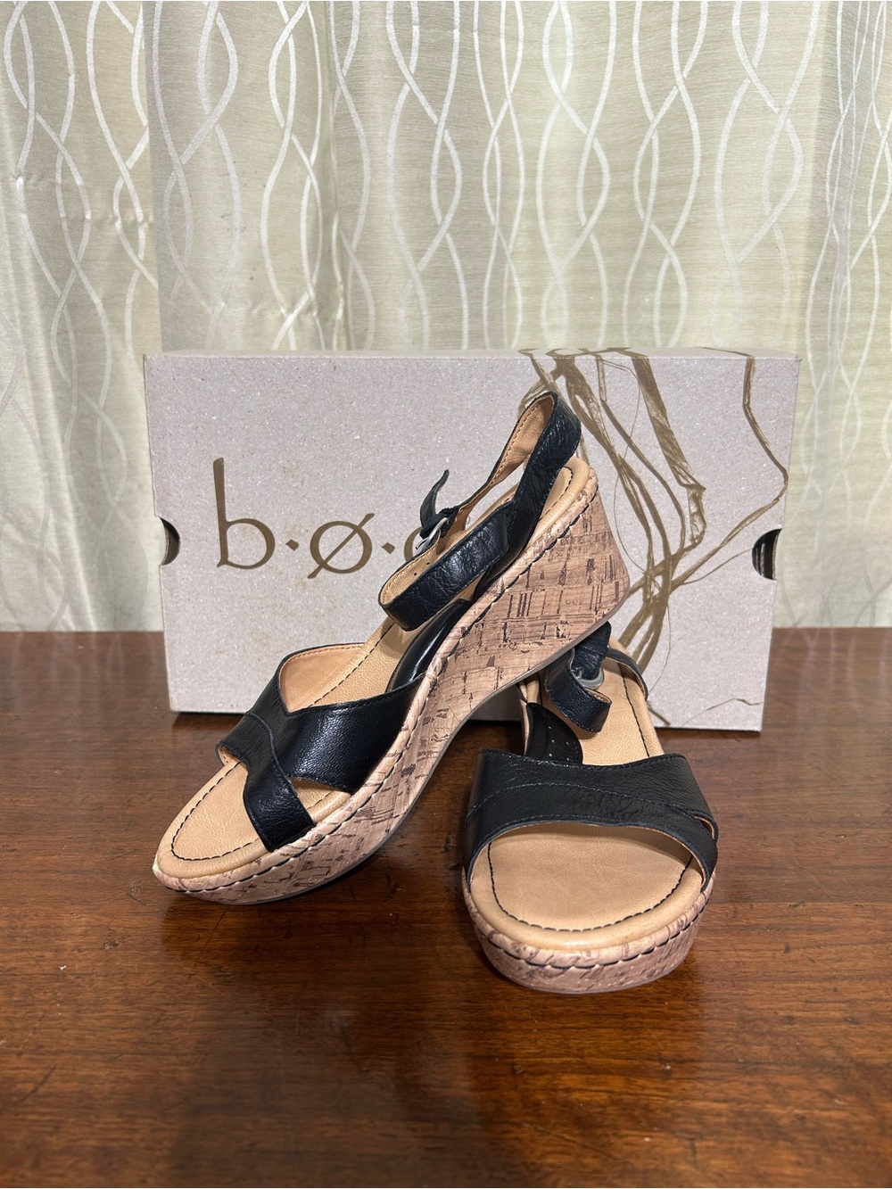b.o.c. Black Leather Cork-Style Slingback Wedge Sandals